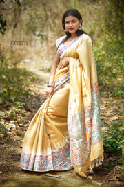 Yellow Silk Saree With Madhubani Print Elegance
